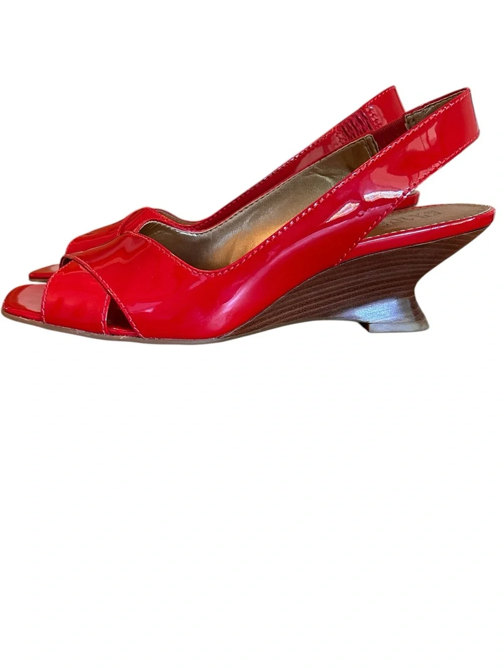 Franco Sarto Slim Wedge Red Patent Slingback Peep-toe Sculptural Heel 8 1/2